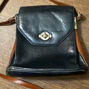 Vintage Leather Crossbody Bag, Black with Brown, by Gabrielle